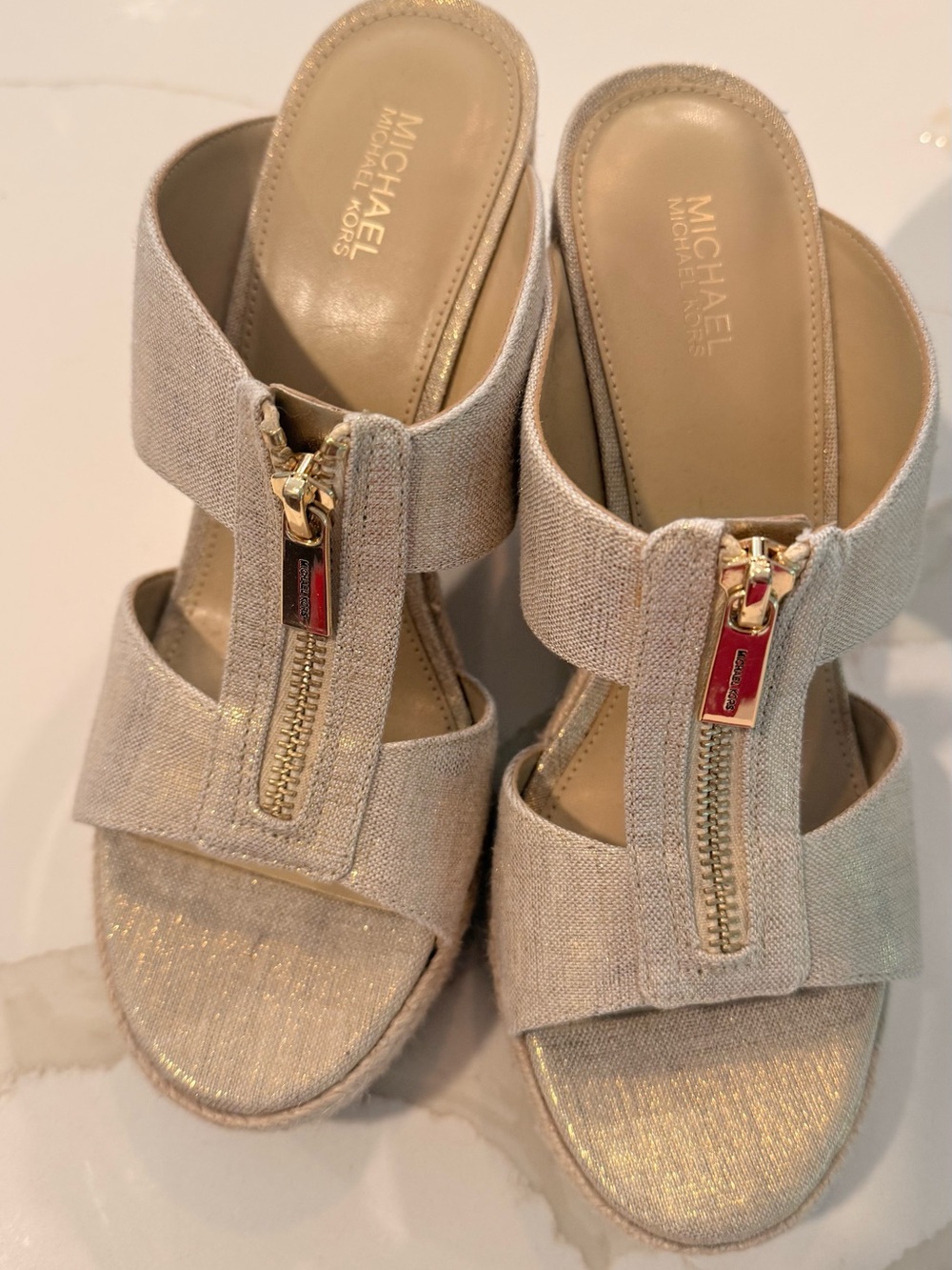Michael Kors Beige Gold-Tone Zip Wedge Mules